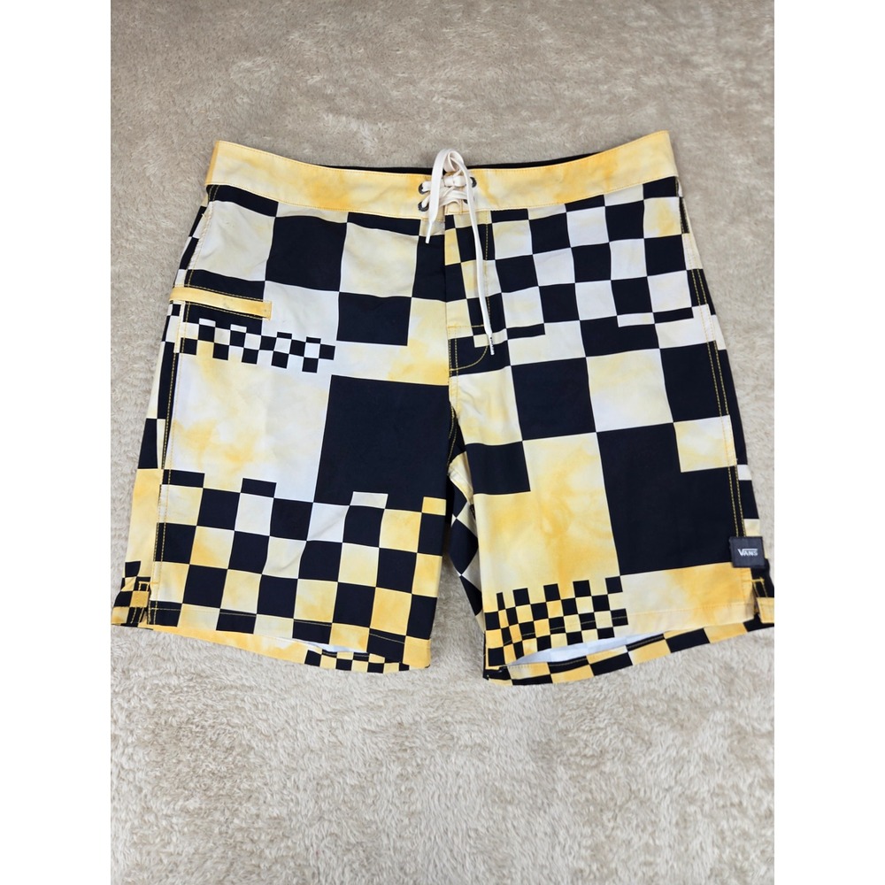 Vans Mens 33 Board Shorts Yellow Black‎ Distorted Checkerboard Tie Dye Trunks